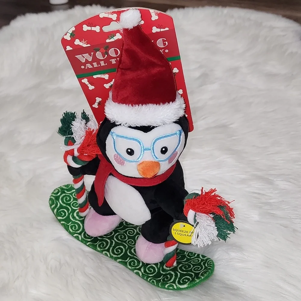 Christmas Penguin On Snowboard Squeaker Dog Toy New With Tags